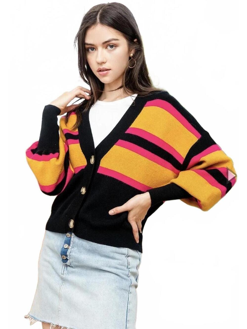 THML Black/Glold/Raspberry Long Balloon Sleeves Cardigan Size L